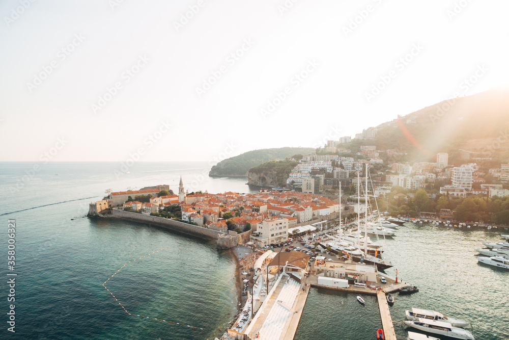 Sunset over the old town of Budva, Montenegro.