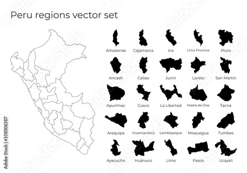 Peru map with shapes of regions. Blank vector map of the Country with regions. Borders of the country for your infographic. Vector illustration.
