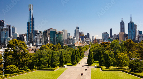 Melbourne, Australia. Skyline of Melbourne, wide view from the city and the green areas surrounding the city. Buildings and parks.