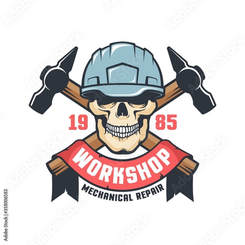 Worker skull in helmet vintage logo. Industrial Mechanical workshop emblem with tools and skeleton in hard hat. vector illustration