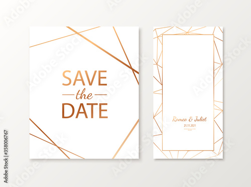 Wedding invitation cards with gold geometric polygonal design elements. Vector luxury invite