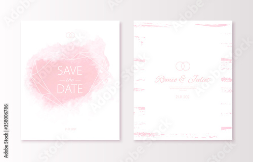 Wedding pink color invitation card with watercolor spot and geometric polygonal heart. Vector luxury invite