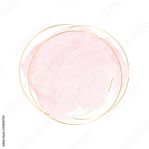Pastel pink brush stroke watercolor texture with gold polygonal frames. Pink water color brush with rectangle geometric frame gold colo