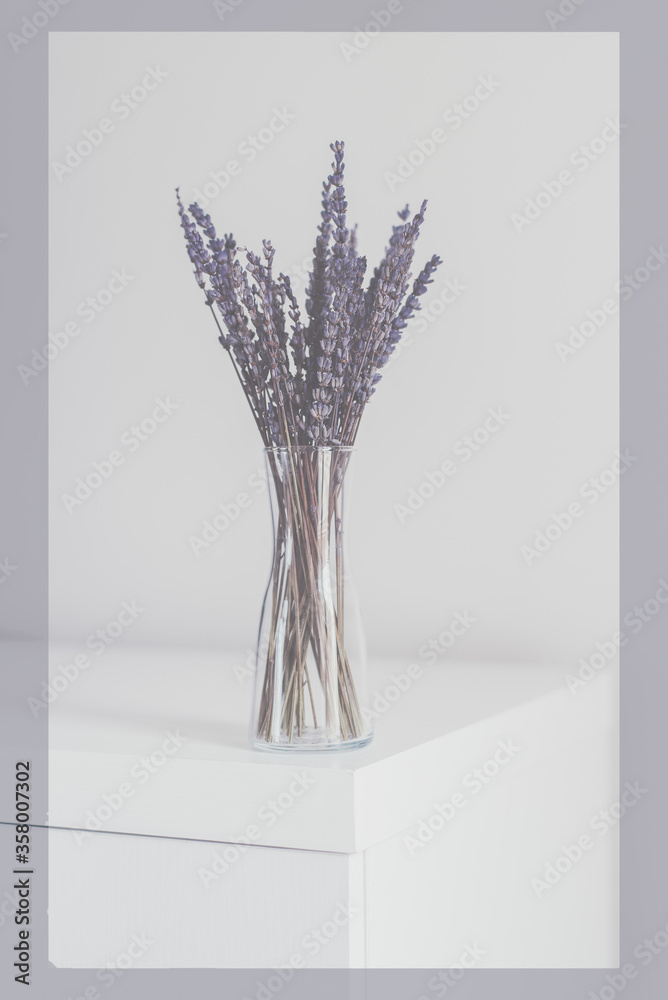Framed image of dried lavender in a small vase, faded colors. Template with space for text