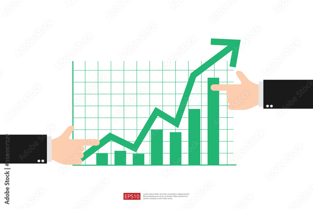 Increase profit sales diagram. Hand with business chart growth in flat style design. increasing graph investment revenue with line arrow and businessman hand vector illustration concept to success