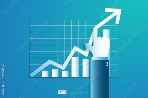 Increase profit sales diagram. Hand with business chart growth in flat style design. increasing graph investment revenue with line arrow and businessman hand vector illustration concept to success