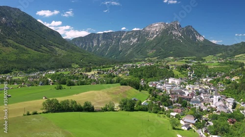 Flying over Bad Aussee, Austrian Alps, Salzkammergut, Ausseerland, Austria
