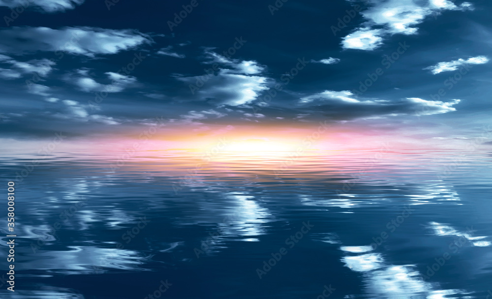 Obraz premium Summer landscape. Blue sea and blurry sky with fluffy clouds. Bright sunset on a tropical beach