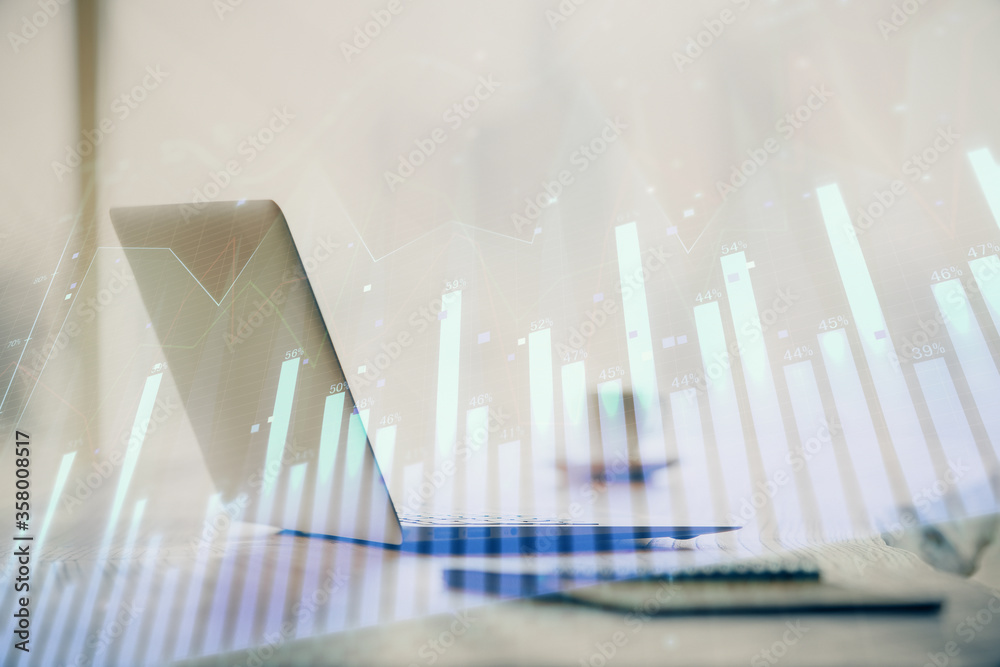 Multi exposure of graph and financial info and work space with computer background. Concept of international online trading. Multi exposure of graph and financial info and work space with computer background. Concept of international online trading.