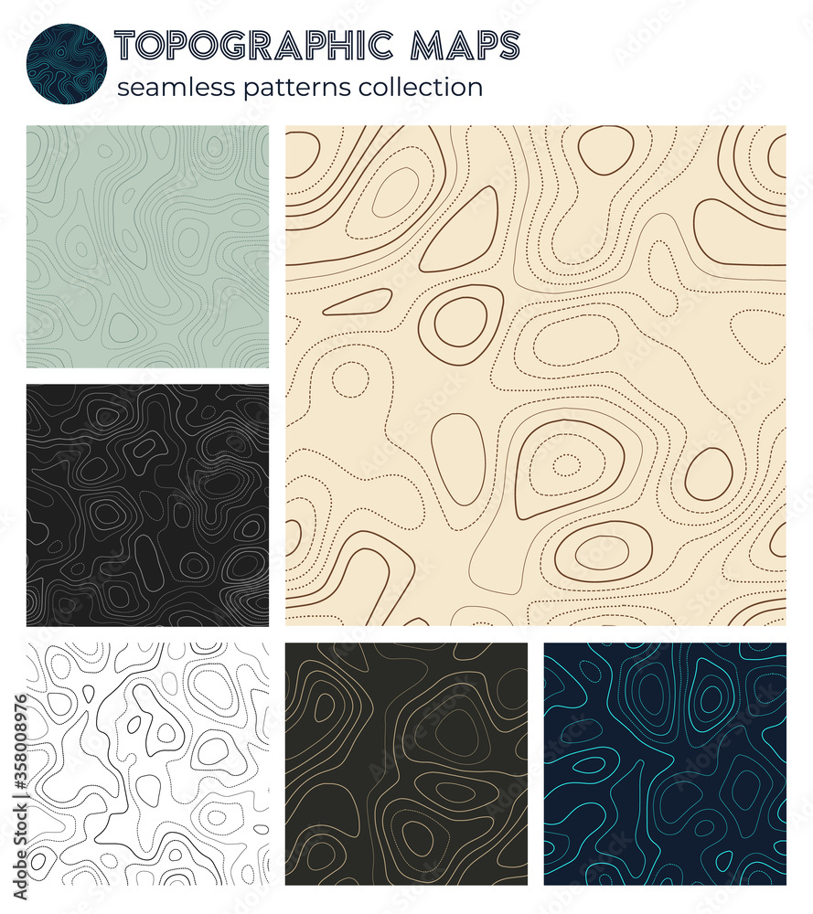 Topographic maps. Authentic isoline patterns, seamless design. Creative tileable background. Vector illustration.