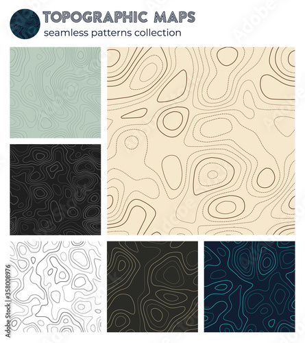 Topographic maps. Authentic isoline patterns  seamless design. Creative tileable background. Vector illustration.