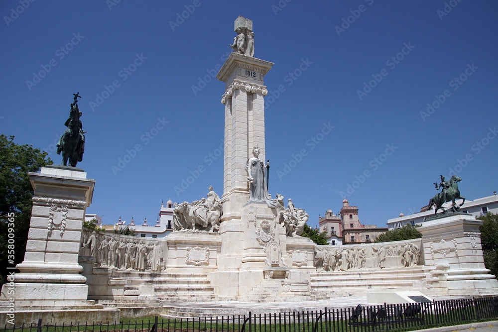 Monument to the constitution of 1812, Plaza de Espana, Cadiz, Spain. Cadiz is a city and port in southwestern Spain.The monument is a memorial and symbol of Spanish freedom
