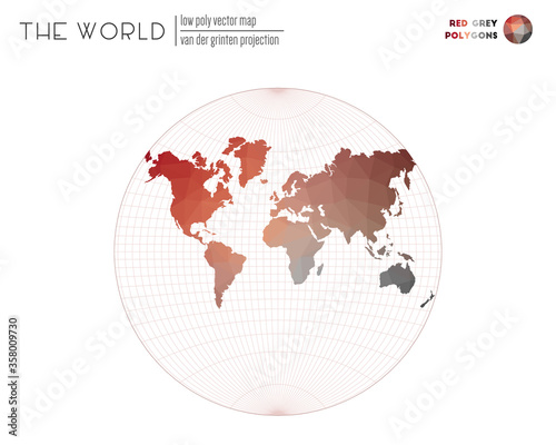 World map in polygonal style. Van der Grinten projection of the world. Red Grey colored polygons. Energetic vector illustration.