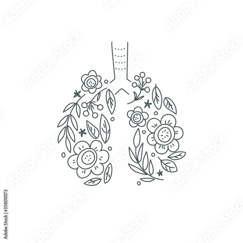 Lungs vector. Human internal organ. Linear doodle style. Ornament of leaves and flowers