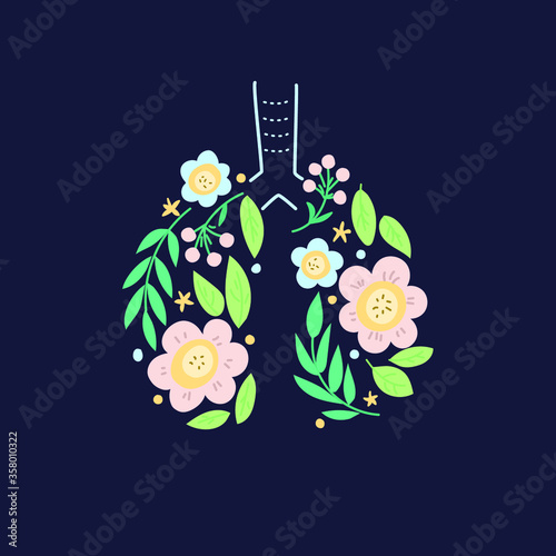 Lungs vector. Human internal organ. Ornament of leaves and flowers. Black background