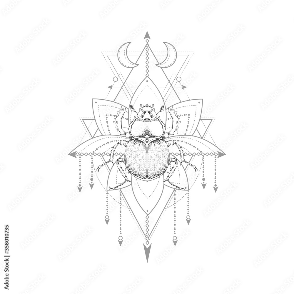 Vector illustration with hand drawn scarab and Sacred symbol on white background. Abstract mystic sign. Vector illustration with hand drawn scarab and Sacred symbol on white background. Abstract mystic sign.