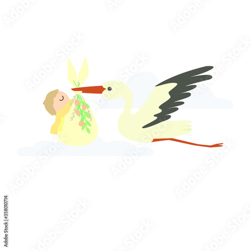 A stork carries a newborn in a bag decorated with flowers