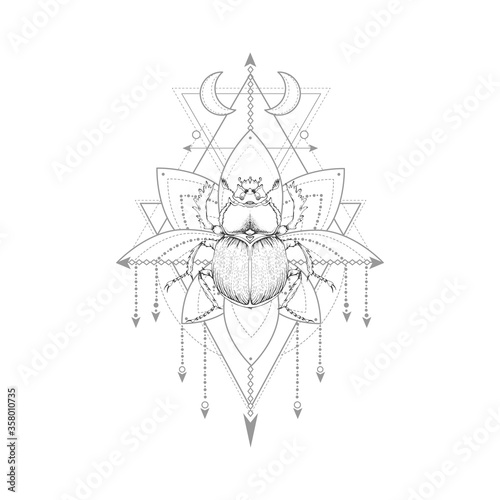 Vector illustration with hand drawn scarab and Sacred symbol on white background. Abstract mystic sign.