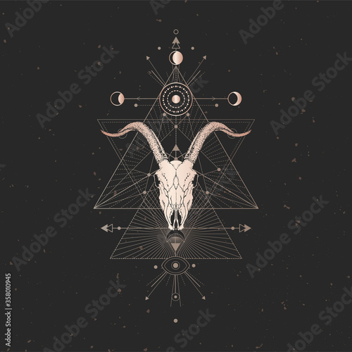 Vector illustration with hand drawn Goat skull and Sacred geometric symbol on black vintage background. Abstract mystic sign.