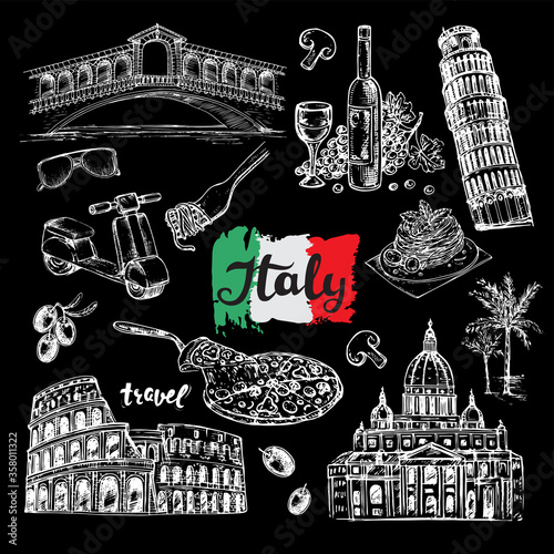 Hand drawn sketch illustration Italy with food and architecture on a black background. Venice, Rome, Pisa