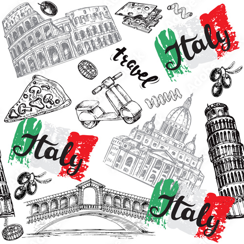 Hand drawn sketch illustration Italy with food and architecture seamless pattern on a white background