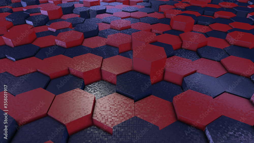 Fototapeta premium Hexagonal Patterns blue and red non - uniformed, 3d render illustration front top view