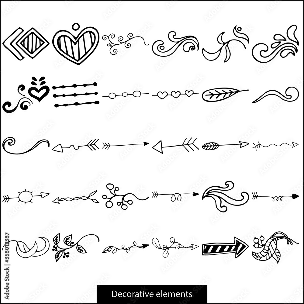 Vector hand drawn doodle elements: text dividers, line borders, frames, laurel design, arrows, swirls, ribbons. Black outlines on white background. Elements for design seasonal cards, invitations etc