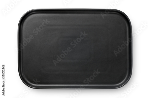 Top view of empty black tray isolated on white background