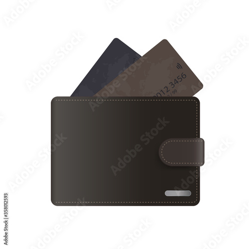 Brown wallet with credit cards. Male wallet with bank cards isolated on a white background. Vector.