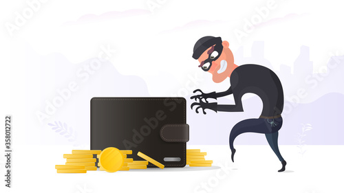 Thief steals a wallet with gold coins. A criminal steals a men's wallet. The concept of fraud, fraud and money fraud. Vector.