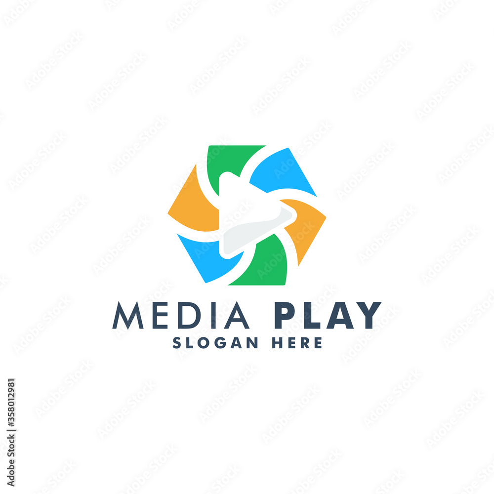 media play logo design template, play icon logotype vector illustration