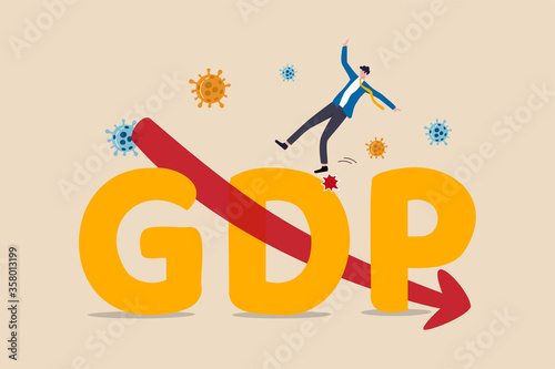 Gross Domestic Product, GDP decrease due to COVID-19 Coronavirus outbreak world wide economic recession concept, businessman fall from big alphabet GDP with red arrow pointing down and virus pathogen.