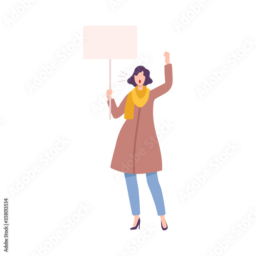 Beautiful Woman with Blank Signboard Claiming Her Demands, Struggle for Freedom, Independence, Equality, Female Power and Rights Flat Style Vector Illustration