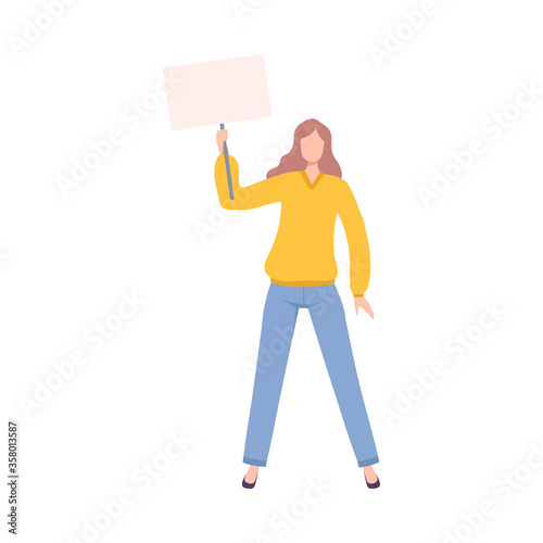 Woman with Blank Signboard Claiming Her Demands, Independence, Equality, Female Power and Rights Flat Style Vector Illustration