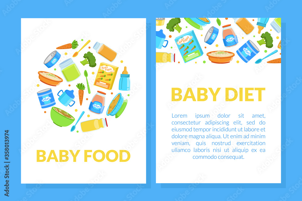 Baby Food Card Template, Healthy First Meal for Toddlers with Space for Text, Kids Menu Design Element Vector Illustration