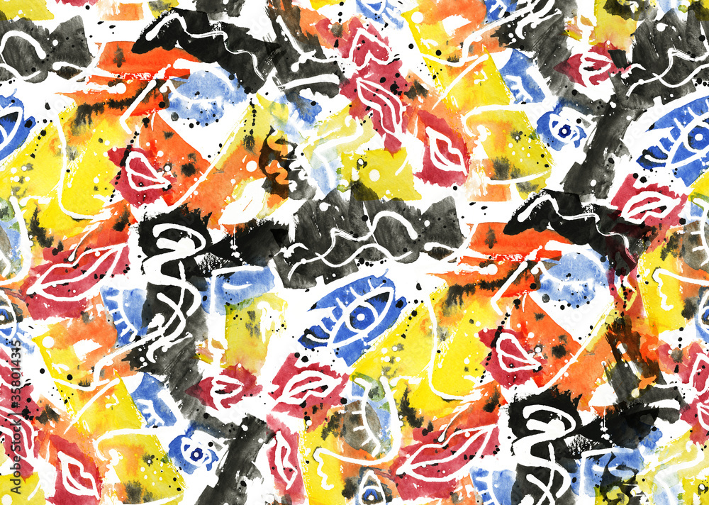 Abstract Watercolor Camouflage Brush Strokes with Faces Eyes and Ink Stains Repeating Pattern Grunge Background
