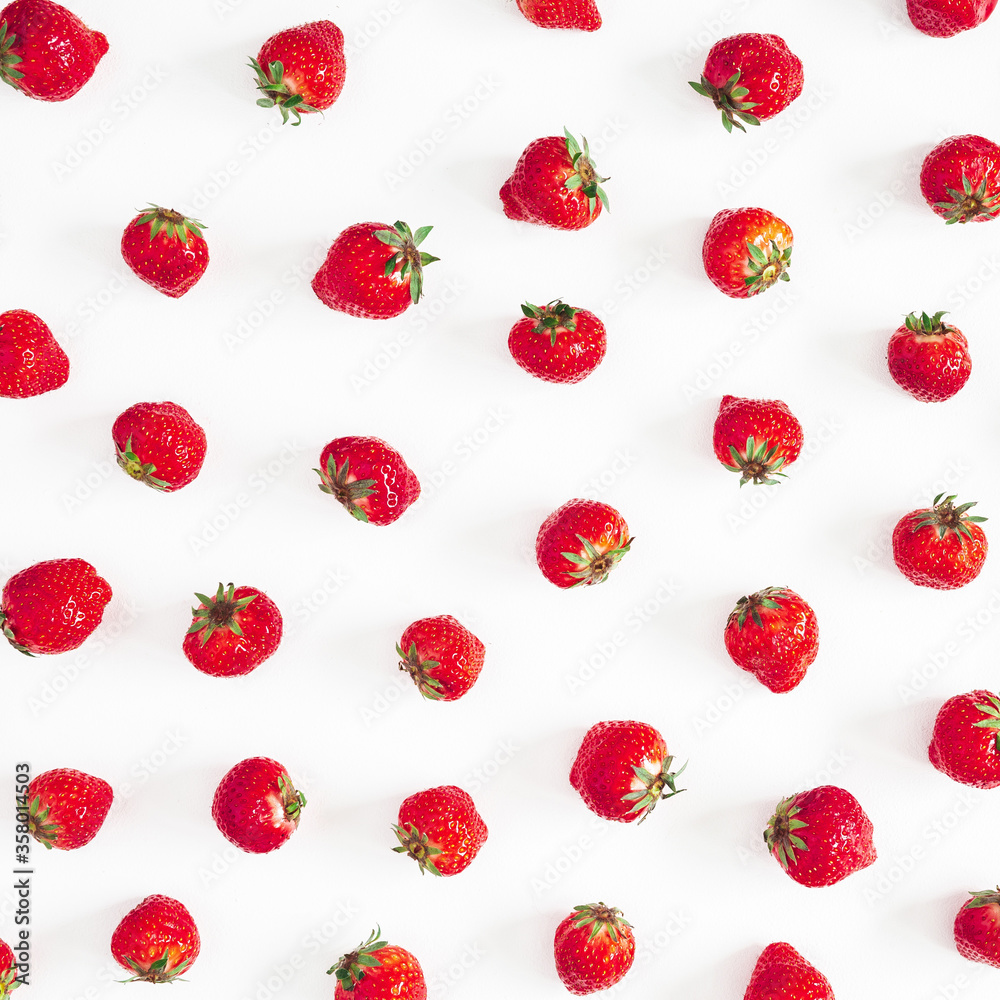 Strawberry pattern on white background. Flat lay, top view Strawberry pattern on white background. Flat lay, top view
