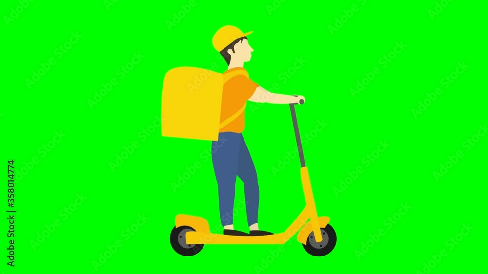 Animation of a 2D flat character on a green background. A young caucasian man in a cap and with a large backpack rides a yellow electric scooter. Delivery service worker delivers the package. Animation of a 2D flat character on a green background. A young caucasian man in a cap and with a large backpack rides a yellow electric scooter. Delivery service worker delivers the package.