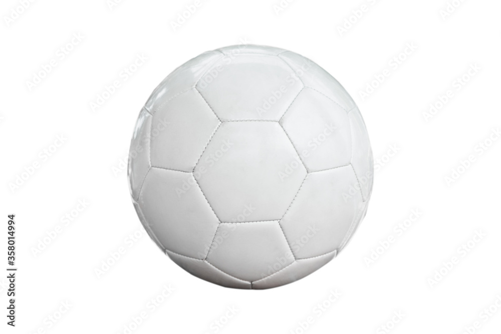 Classic leather soccer ball isolated on white background. Traditional white football equipment to play a competitive game. This photo can be used for sport concept.