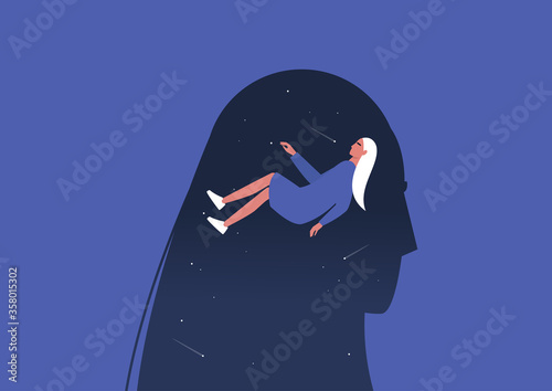 Meditative mind, young female character levitating inside their own head, psychotherapy and balance, focus and meditation, psychedelic experience