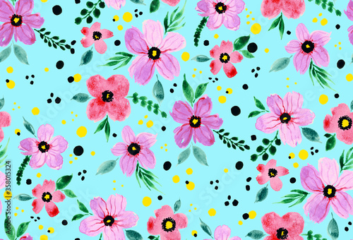 Abstract Watercolor  Flowers Leaves Branches and Dots Repeating Pattern Isolated Background