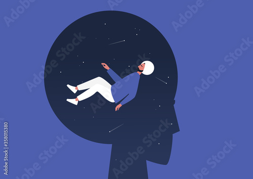 Meditative mind, young indian male character levitating inside their own head, psychotherapy and balance, focus and meditation, psychedelic experience