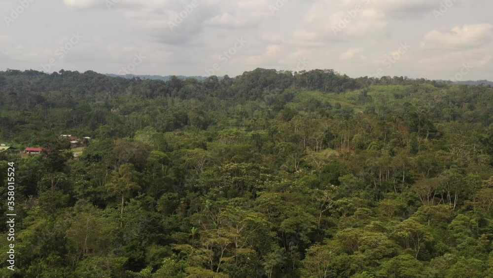 Aerial view of endless green forestal area, constructions and a car driving by a dirt road in Ecuador at daytime. Amazon Rainforest - cloudy sky Aerial view of endless green forestal area, constructions and a car driving by a dirt road in Ecuador at daytime. Amazon Rainforest - cloudy sky