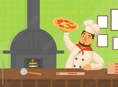 Chef Holding Freshly Prepared Pizza, Pizza Maker Coolking Pizza in the Furnace Flat Vector Illustration