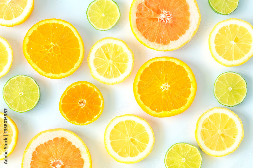 Collection of fresh lime, lemon, orange, citrus, grapefruit slice on white background.