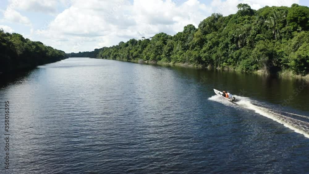 AERIAL: boat in Amazon Forest - Anavilhanas National Park, the biggest fluvial archipelago of the world, at Rio Negro. Amazonas, Brazil. AERIAL: boat in Amazon Forest - Anavilhanas National Park, the biggest fluvial archipelago of the world, at Rio Negro. Amazonas, Brazil.