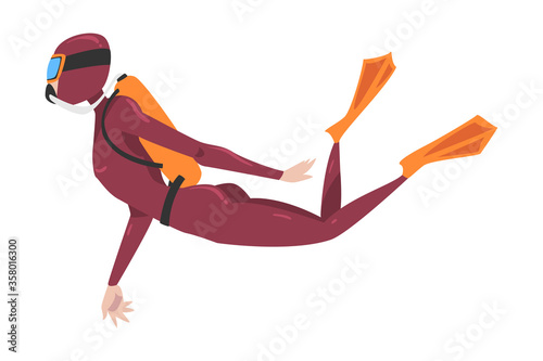 Diver in Wetsuit, Mask and Flippers Diving in the Sea, Summer Water Sport, Extreme Hobby Cartoon Style Vector Illustration