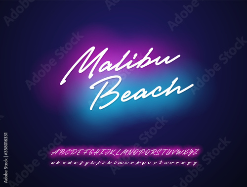 Malibu beach neon script design. Vector  alphabet.