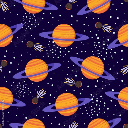 Space seamless pattern with planets, comets and stars. Colorful Saturn cosmic illustration. Vector cosmos background.