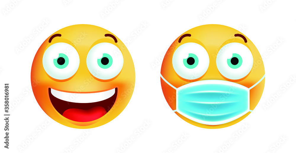 Cute Happy Emoticon with Face Mask on White Background. Isolated Vector Illustration Cute Happy Emoticon with Face Mask on White Background. Isolated Vector Illustration